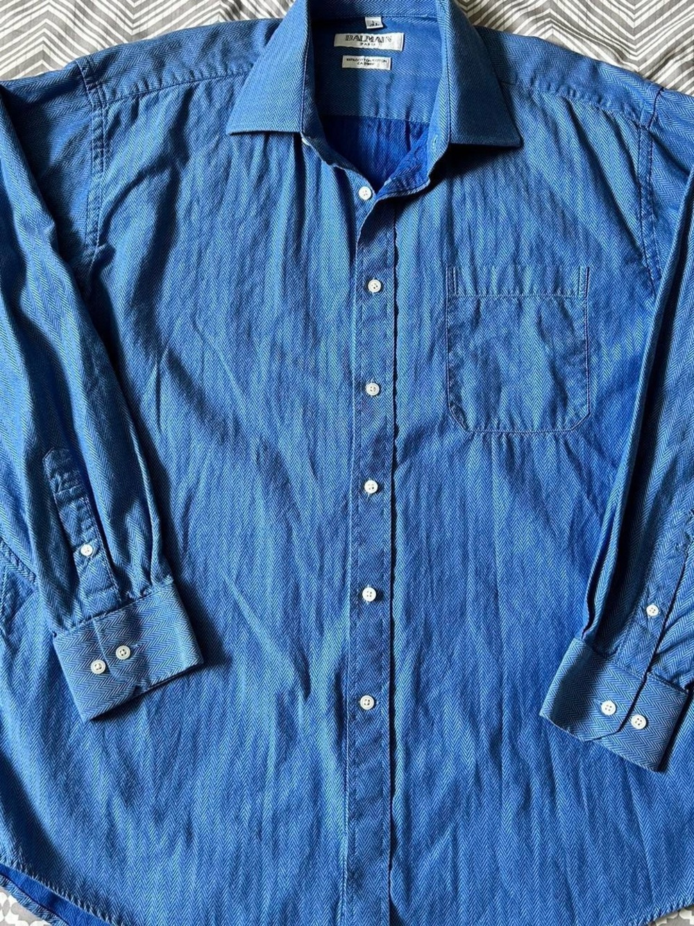 Balmain Men’s Textured Blue Button-Up Dress Shirt